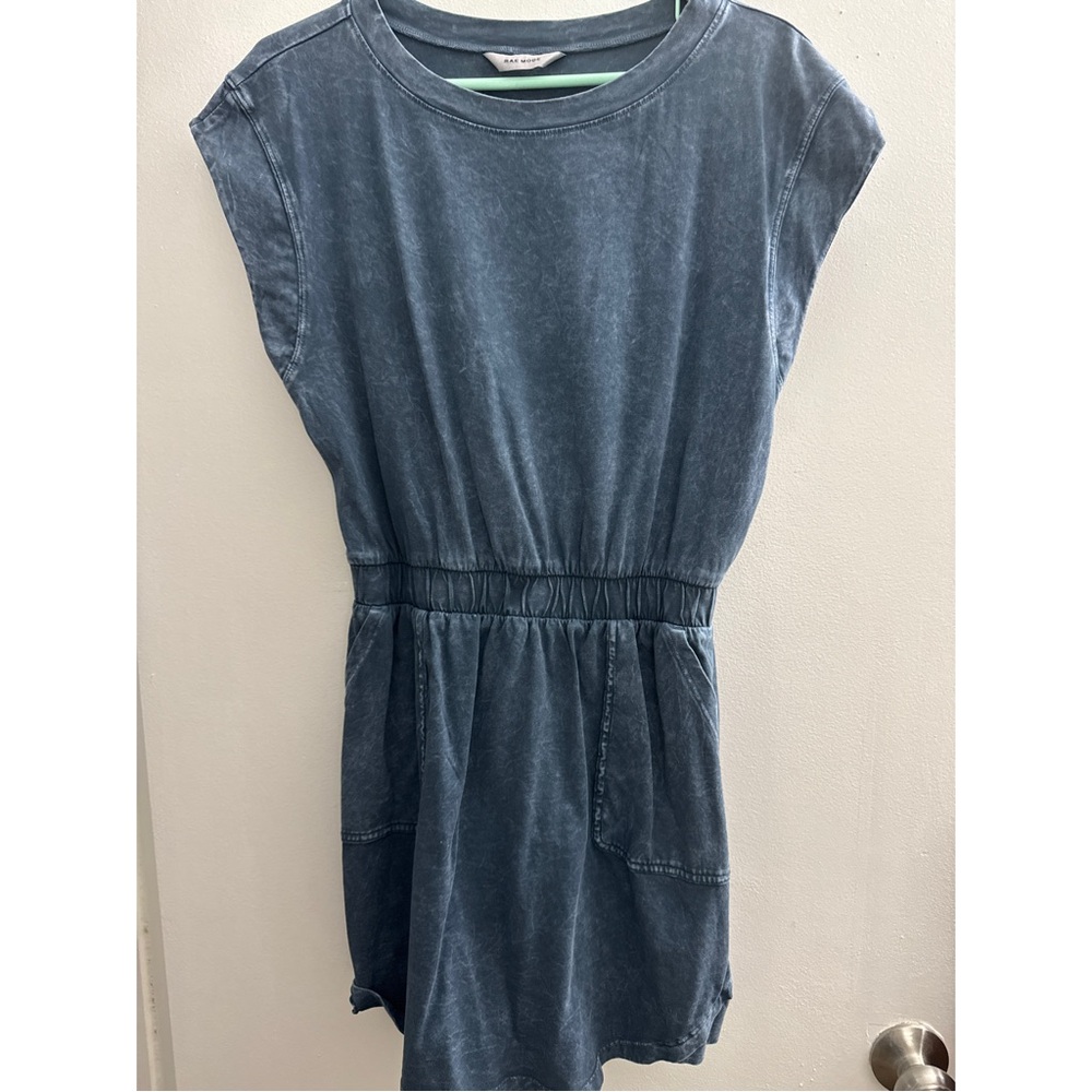Washed Blue Elastic-Waist Mini Dress